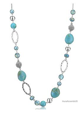 Beaded Long Necklace Silver Plated Sweater Chain with Resin Crystal Beads